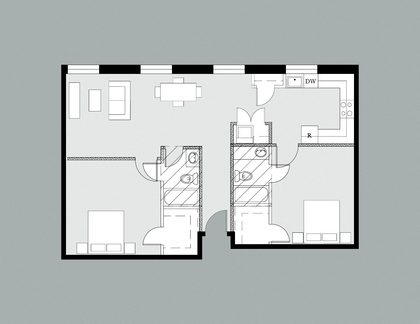 Floor plan for 2 beds, 2 baths, 1100 sqft